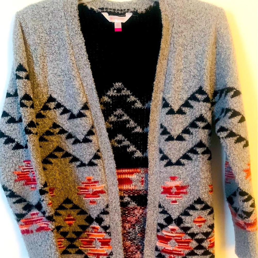 Tribal Cardigan. Black, Grey, Orange/Red colors.